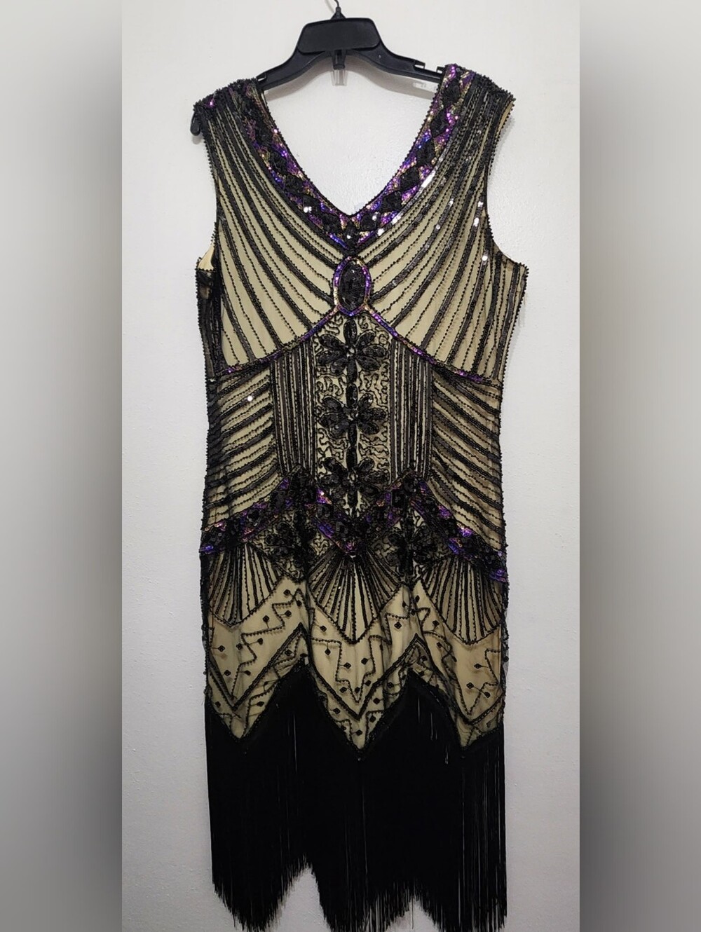 Vintage-Inspired "Flapper Style" Beaded Midi Dress in Black, Gold & Purple